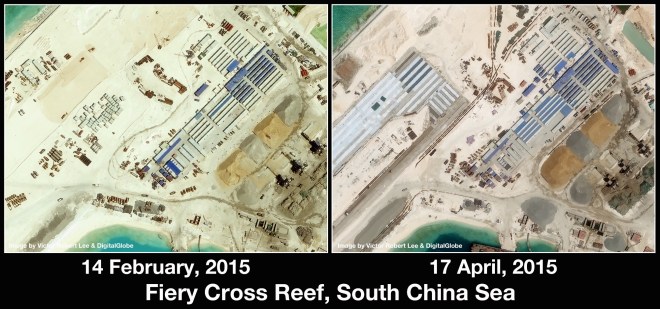 Cận cảnh đảo nhân tạo trên Bãi Chữ Thập. Nguồn: Victor Robert Lee và Digital Globe