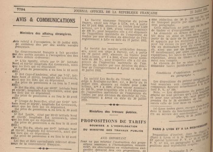 Pháp tuyên bố sáp nhập 7 cụm đảo thuộc quần đảo Trường Sa trên Journal Officiel de la République Française 25/7/1933 (Nguồn ảnh từ tác giả)