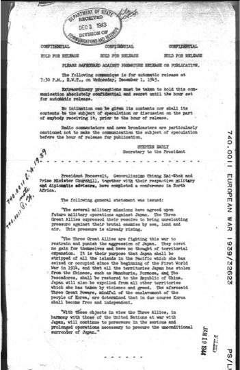 Một bản chụp tuyên bố Cairo 1943 của Bộ Ngoại Giao Hoa Kỳ . 