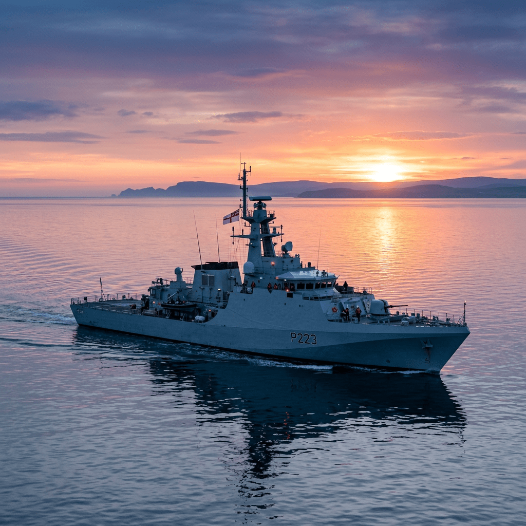 Naval patrol ship P223 sailing on calm sea at sunset