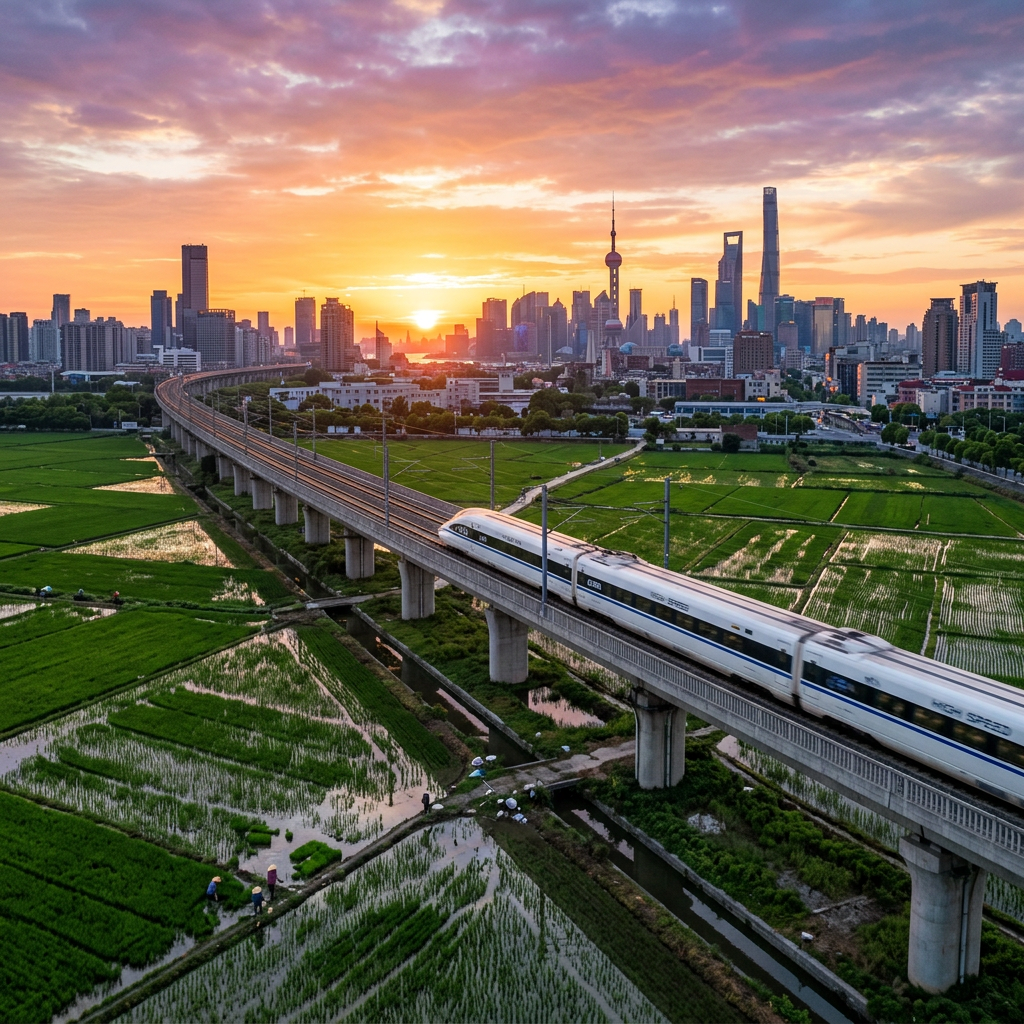 High-speed train traveling on elevated tracks over green rice fields with city skyscrapers under a colorful sunset sky
