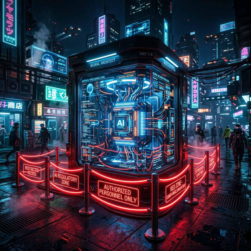 Futuristic AI control unit enclosed in transparent case with neon red warning signs in dark city street