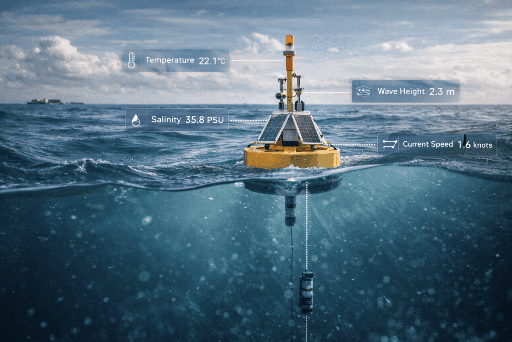 An ocean buoy equipped with sensors measuring temperature, salinity, and current speed, partially submerged in water with a clear sky in the background.